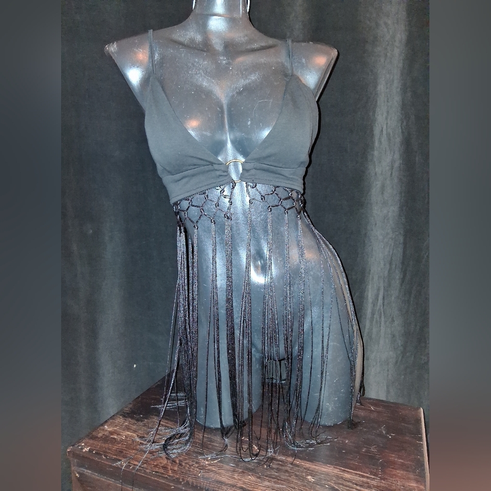 Black Fringe Women Top Small